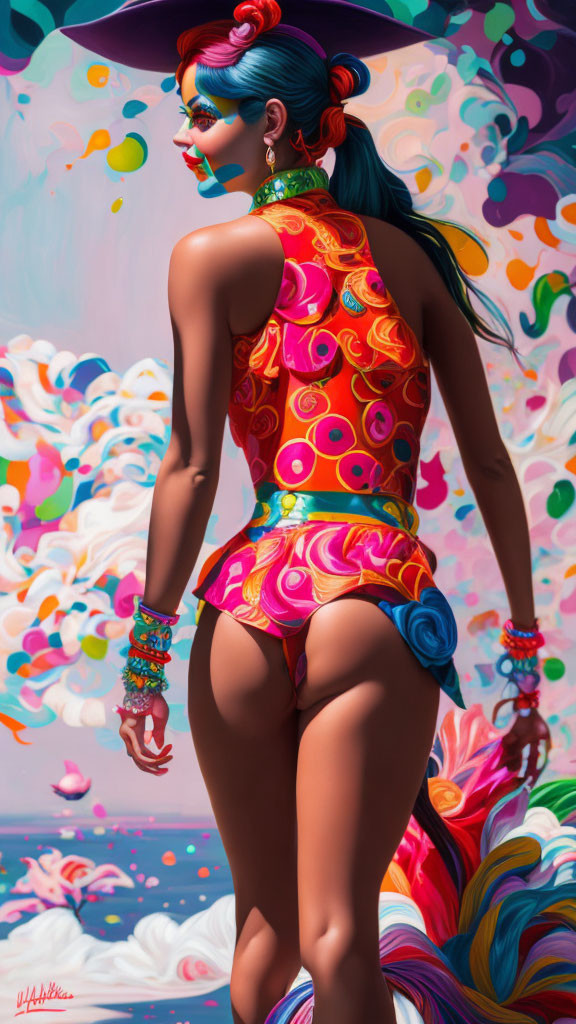 Colorful Swimwear Woman Illustration Against Pastel Background
