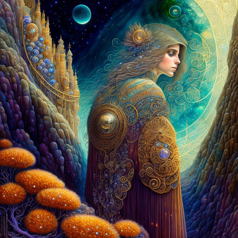 Mystical artwork featuring cloaked figure, celestial orbs, ornate architecture, and vibrant flora.