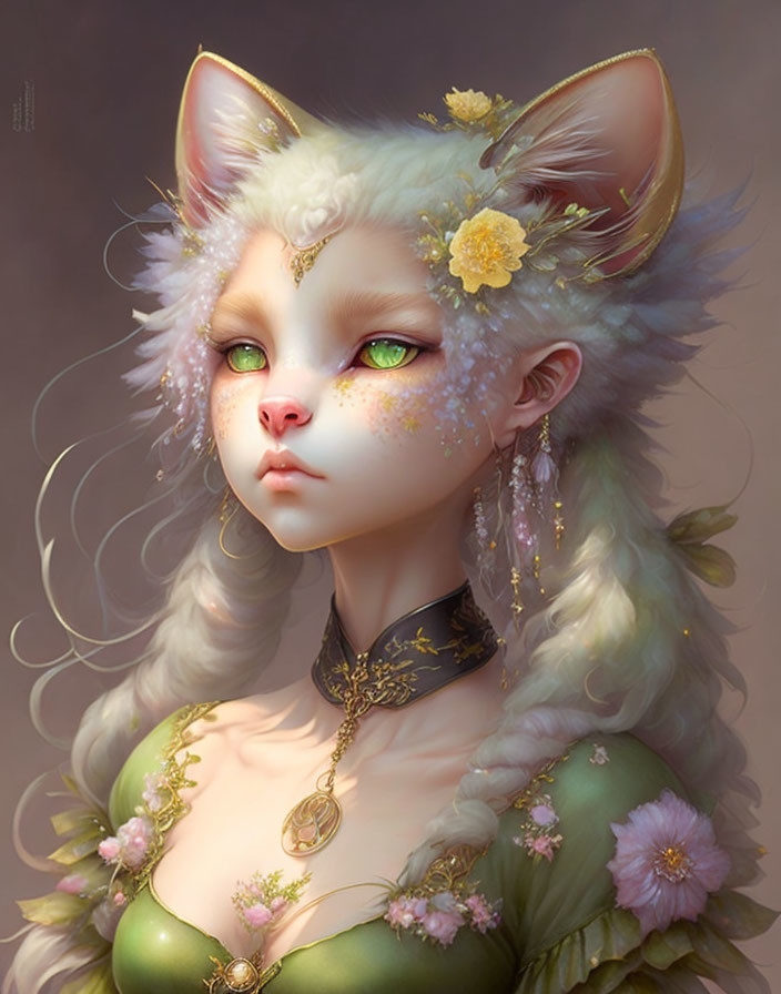 White feline with green eyes in floral dress and gold jewelry