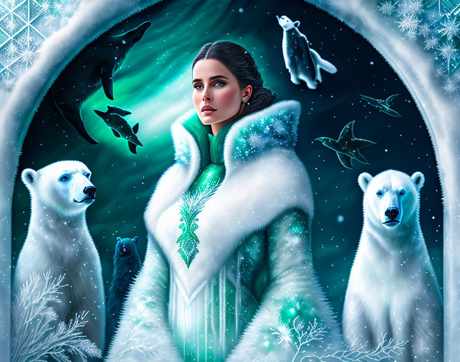 Woman in white fur coat surrounded by polar bears, penguins, and fish in icy scene