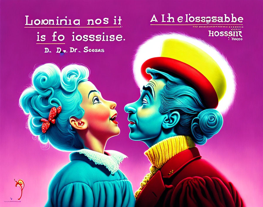 Whimsical illustration of woman and man in colorful attire with mirrored nonsense phrases