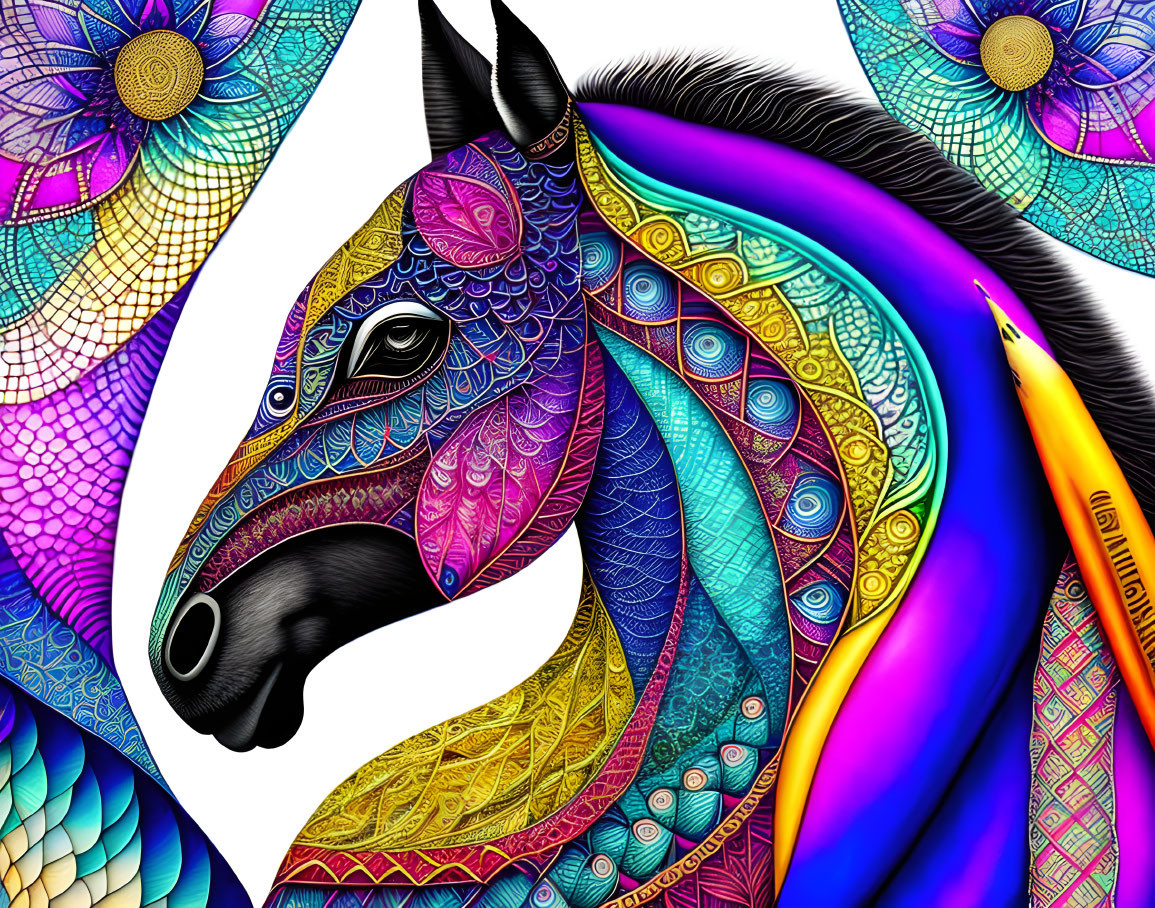 Vibrant digital artwork featuring stylized horse and pencil