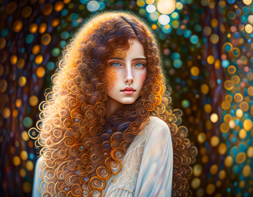 Digital artwork: Woman with auburn hair & blue eyes in bokeh lights