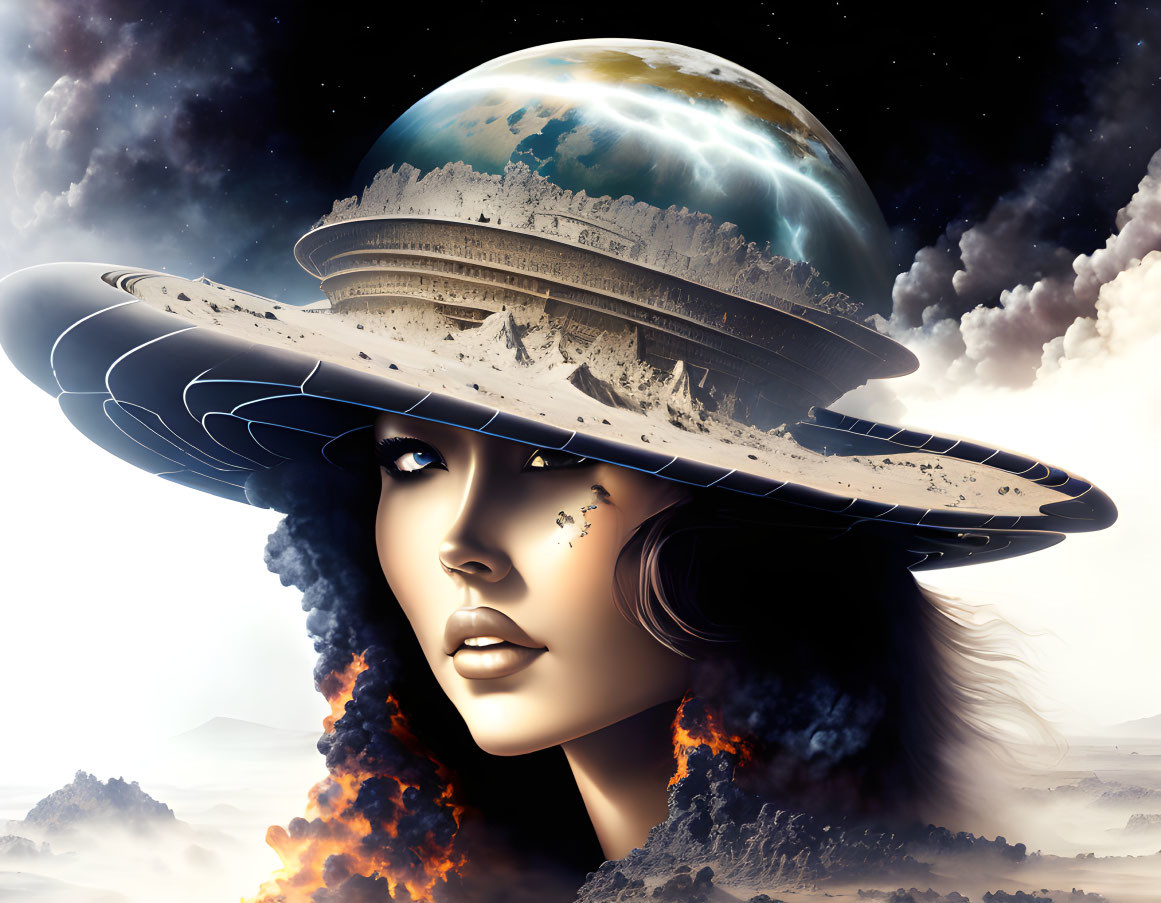 Digital artwork of woman's face with Earth-like planetoid hat in cosmic setting