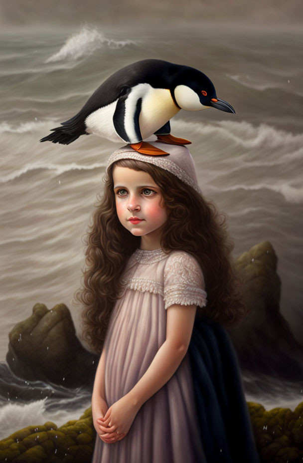 Girl with Long Curly Hair Standing by Water with Penguin on Head