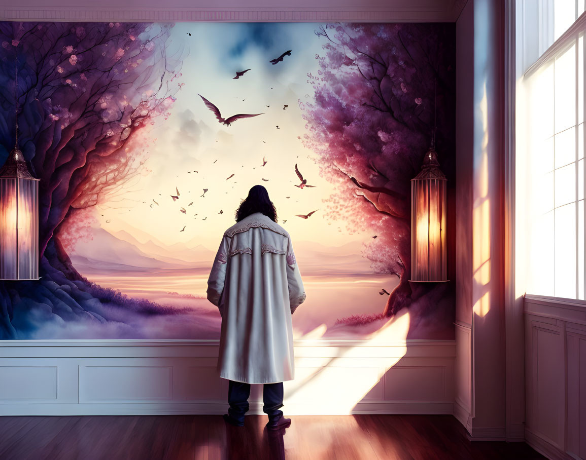 Person in white coat admiring fantastical purple landscape with birds and ethereal trees