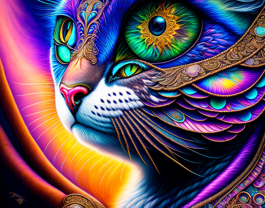 Colorful digital artwork of a fantastical cat with intricate patterns and a striking green eye
