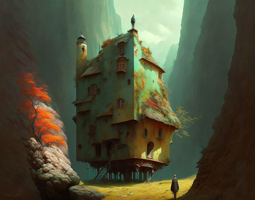 Whimsical cliffside house with eerie mist and figures.