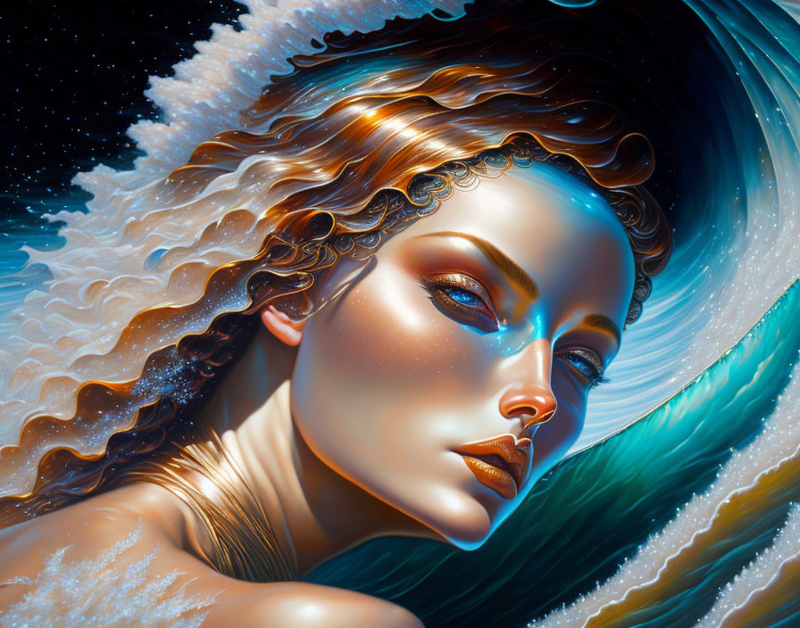 Cosmic-themed digital artwork of a woman with wavy hair in rich blue tones