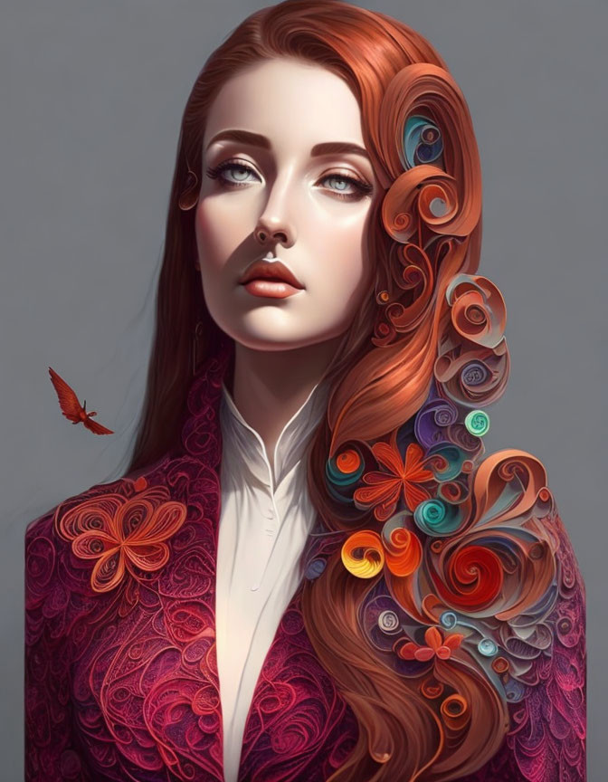 Detailed illustration of woman with red hair in intricate curls, adorned in floral textured jacket with butterfly.