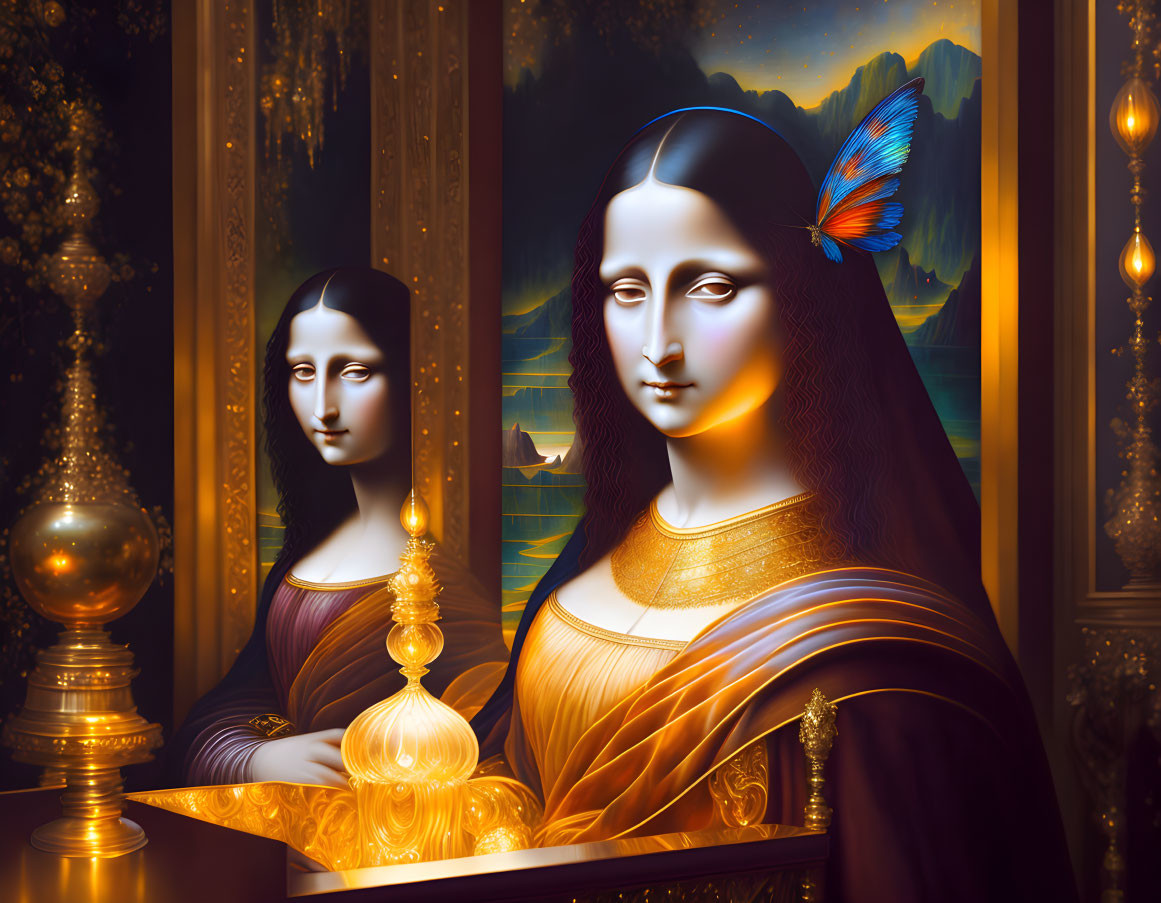 Surreal artwork: Mona Lisa with golden luminescence and butterfly in night landscape