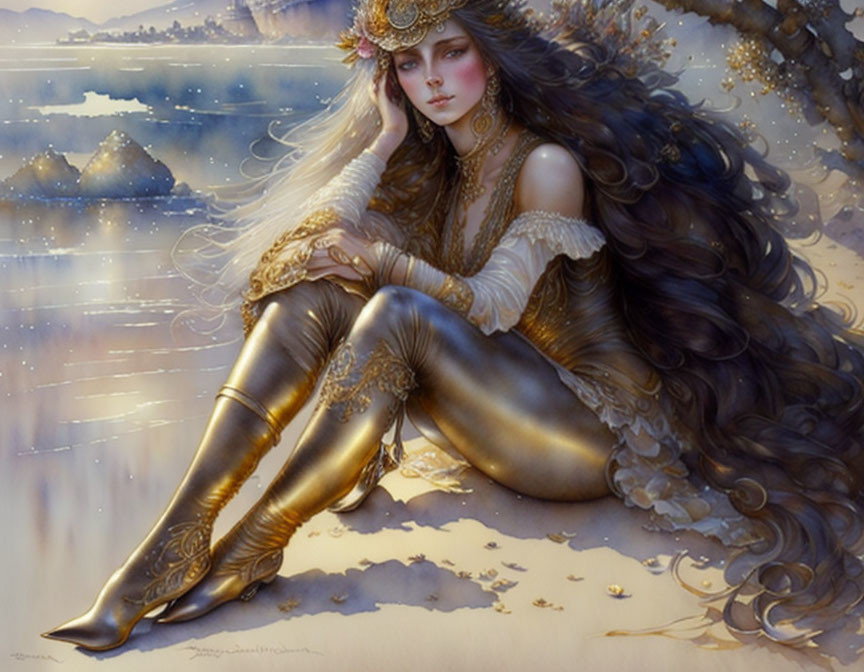 Ethereal woman in golden armor leggings by water