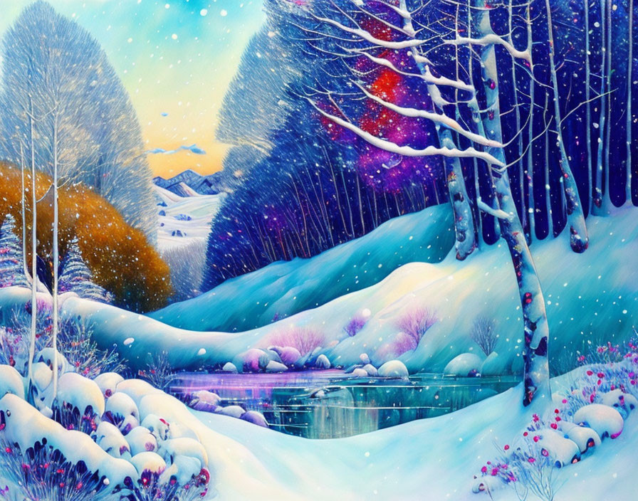 Winter landscape painting: snowy forest, tranquil stream, falling snowflakes