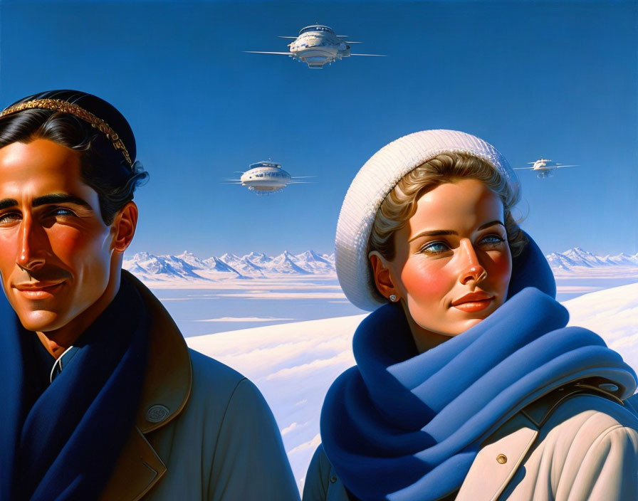 Retro-futuristic man and woman in winter attire with flying saucers and snowy mountains