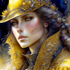 Colorful artwork: Woman with face paint, feathered hat, lynx in fiery backdrop