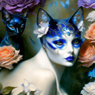 Fantasy illustration of woman with cat-like appearance and starry mask among pastel roses