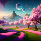 Fantastical landscape with pink trees, waterfall, moon, butterflies, serene river, and blooming