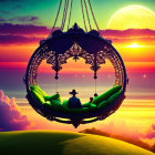 Couple on ornate swing under multiple setting suns in surreal landscape