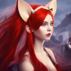 Fantasy portrait of girl with fox ears and butterflies in blue background