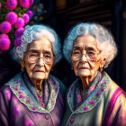 Two elderly women with colorful face paint and elaborate garments in vibrant nature scene.