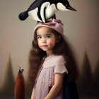 Girl with Long Curly Hair Standing by Water with Penguin on Head