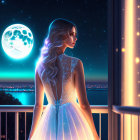 Woman in sparkling dress on balcony under full moon over tranquil sea