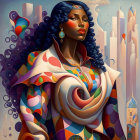 Colorful illustration: woman with purple hair in vibrant clothes against abstract cityscape.