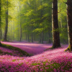 Colorful Flowers and Sunbeams on Forest Path