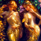 Ethereal women with golden hair, flowers, butterflies in mystical setting