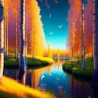Fantastical landscape with orange trees, starry sky, planets, lake, and Asian-style building