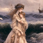 Mother holding child at sea with distant ship and stormy waves