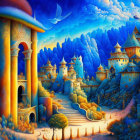 Surreal landscape with Roman arch, spherical objects, stylized vegetation, and mountains