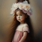 Surreal painting featuring young girl and cat's head blend fantasy and realism