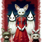 Anthropomorphic white cat in red dress with four smaller cats on gothic lace background