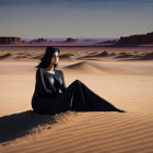 Woman in Blue Gown on Desert Sand Dune with Moon and Bird