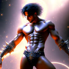 Muscular figure with glowing jewelry in dramatic lighting