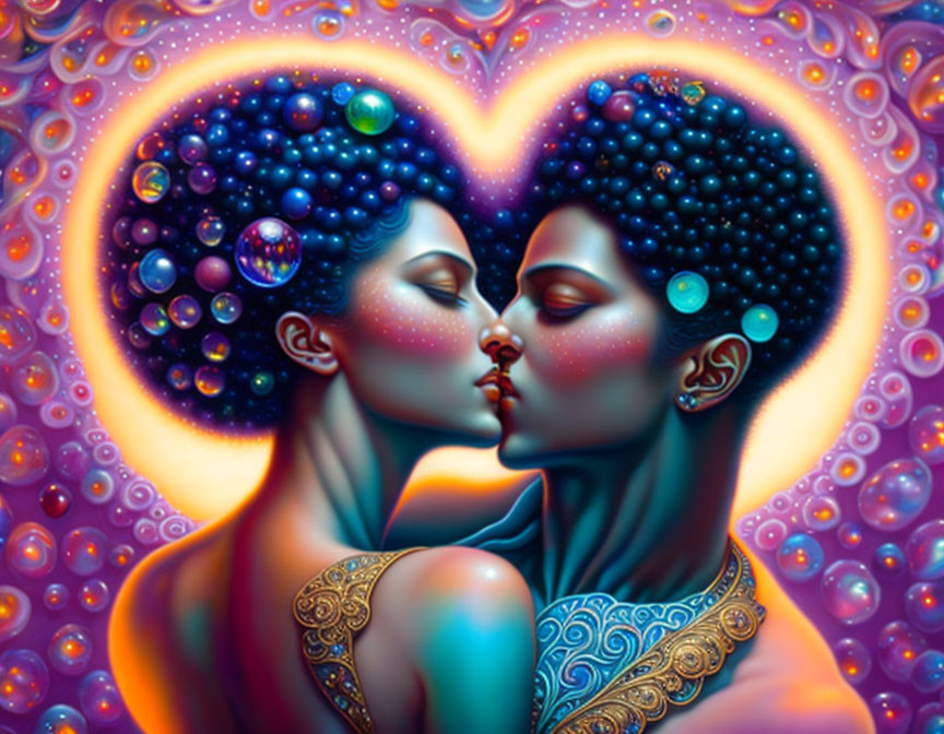 Stylized figures kissing surrounded by cosmic and floral heart aura