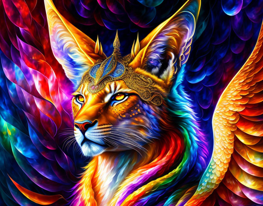 Colorful winged lynx digital art with ornate headpiece on abstract background