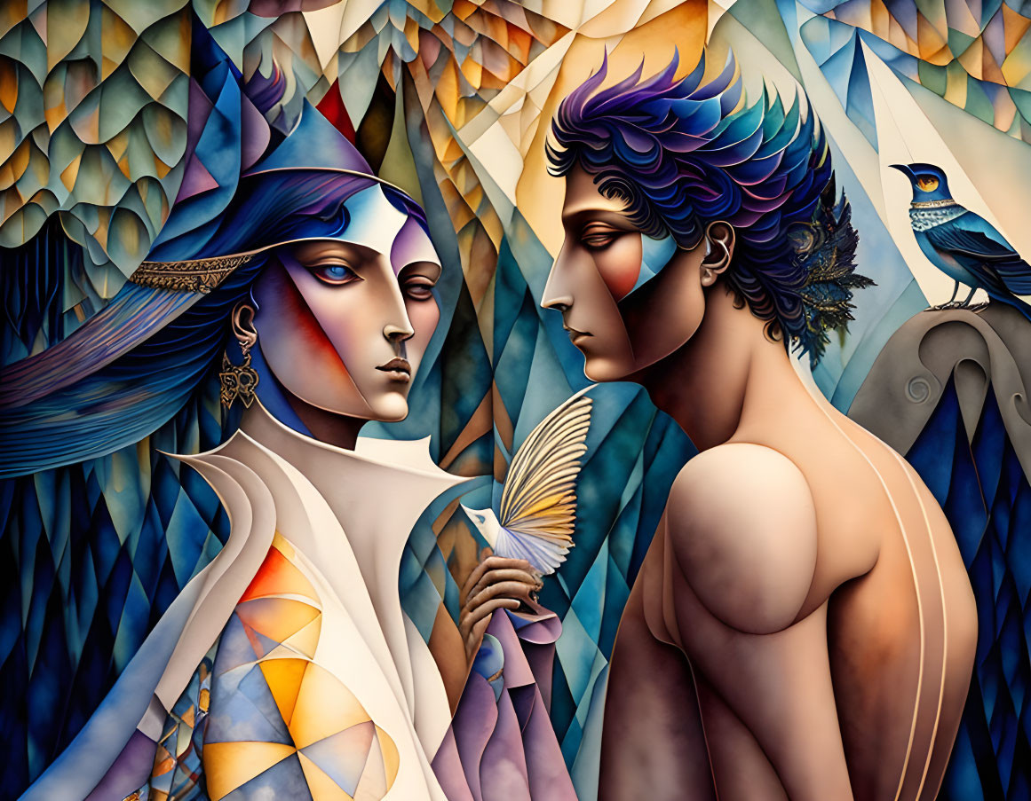 Colorful painting of figures, bird, and geometric patterns in cool and warm tones