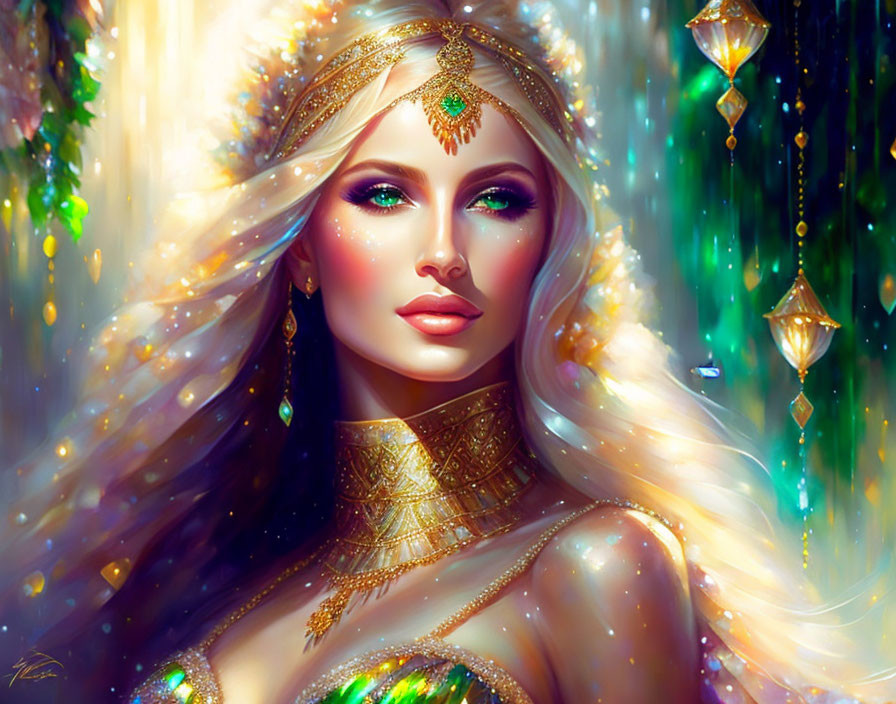 Blonde woman with golden jewelry in fantasy illustration