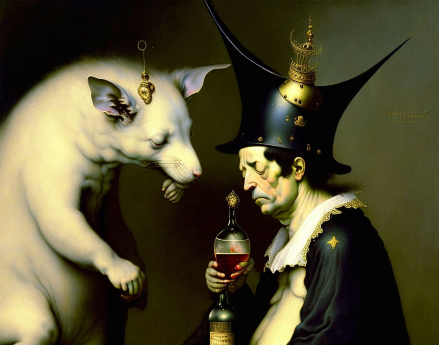 Surreal painting of white cat with man in dark uniform