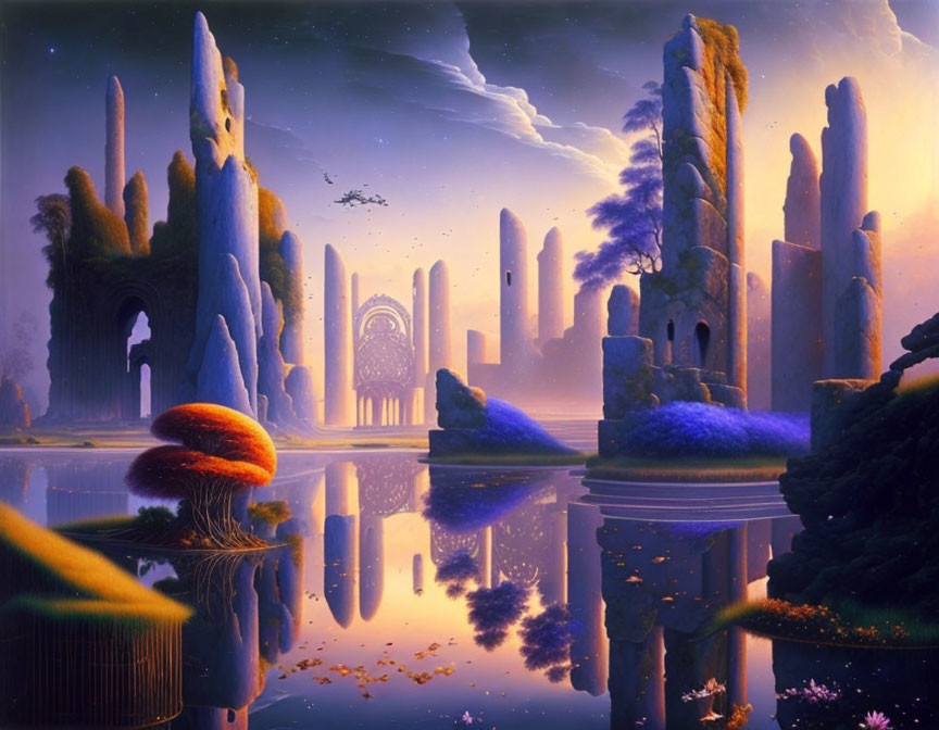 Fantasy landscape with stone structures, reflective water, vibrant vegetation, dusk sky, floating islands, birds