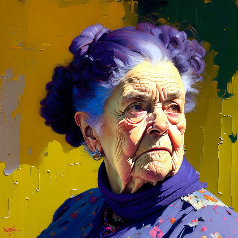 Colorful Portrait of Elderly Woman with Striking Blue Hair