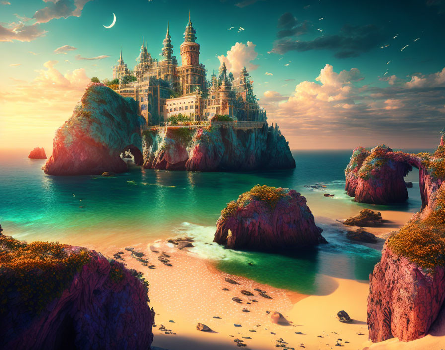 Fantastical castle on rugged cliffs above serene beach at sunset