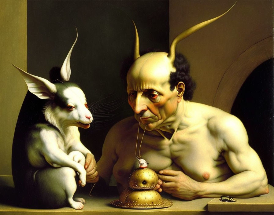 Surreal painting: humanoid figure, rabbit, and steampunk teapot