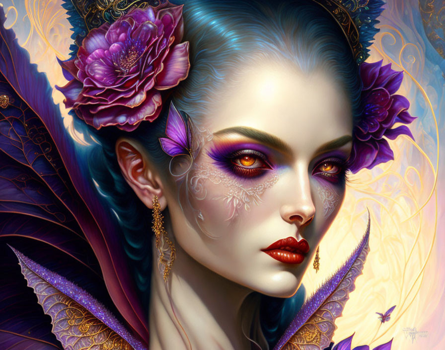 Fantastical portrait of woman with blue skin, vibrant makeup, purple flowers, and butterfly wings