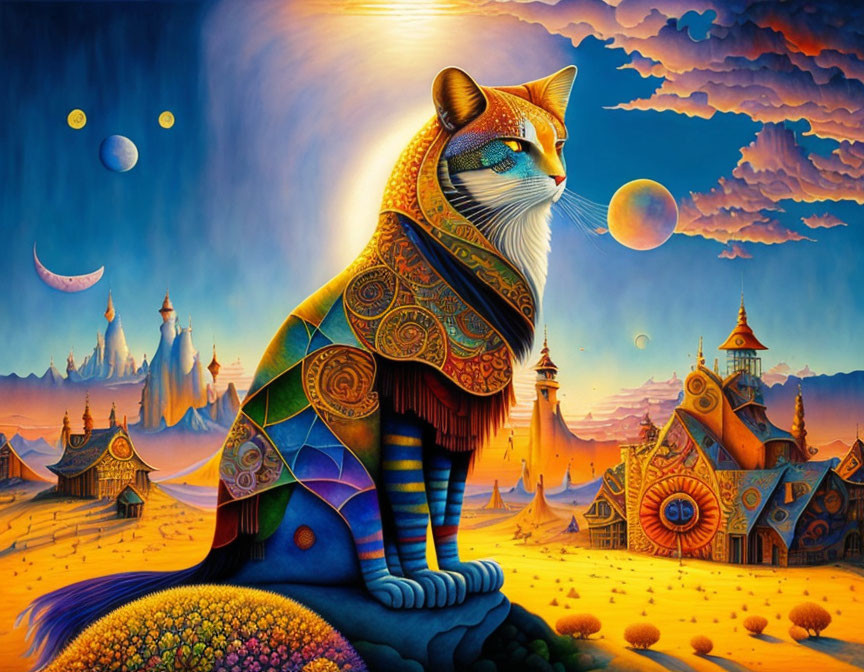 Colorful surreal painting: Majestic cat, fairytale landscape, multiple moons