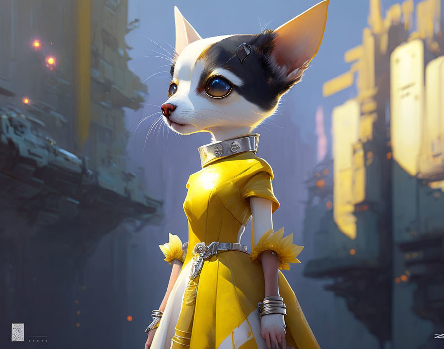 Yellow futuristic outfit on anthropomorphic cat in cityscape.