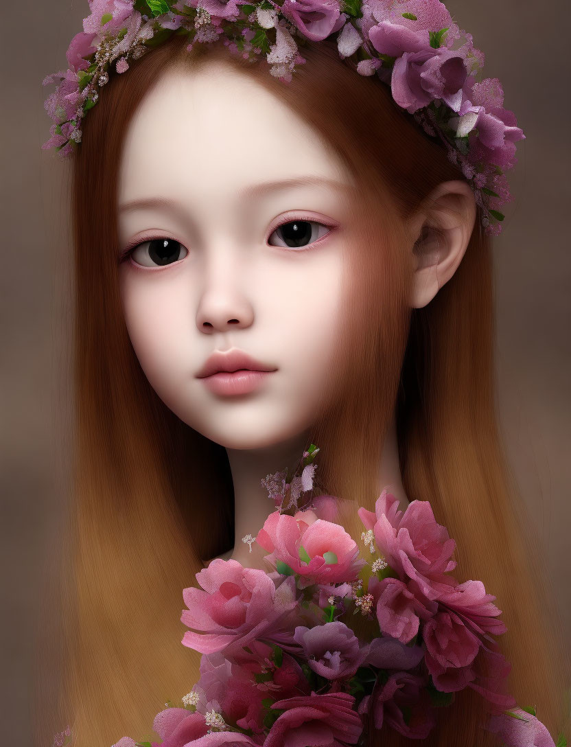 Digital artwork featuring girl with floral wreath, large eyes, and blossoms on brown background