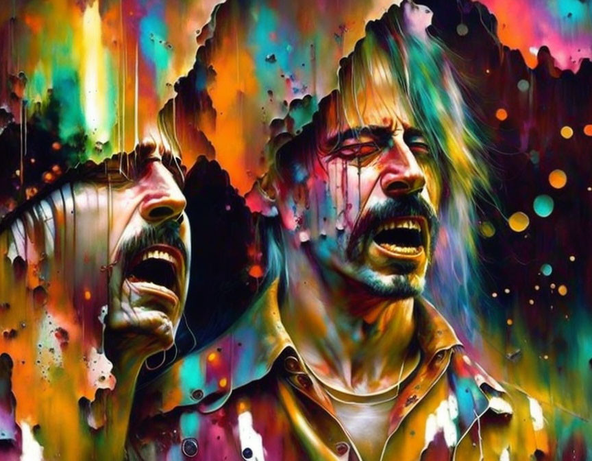 Vibrant abstract art: two faces screaming on colorful background